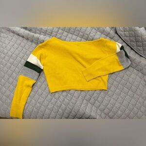 Fashion Nova yellow cropped off the shoulder sweater with striped sleeves